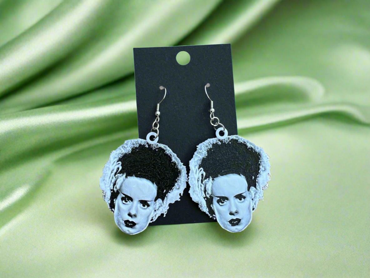 It’s Alive! Bride of Frankenstein Earrings | 3D Printed Horror Dangle, Gothic Monster Jewelry for Halloween & Year‑Round Spooky Style