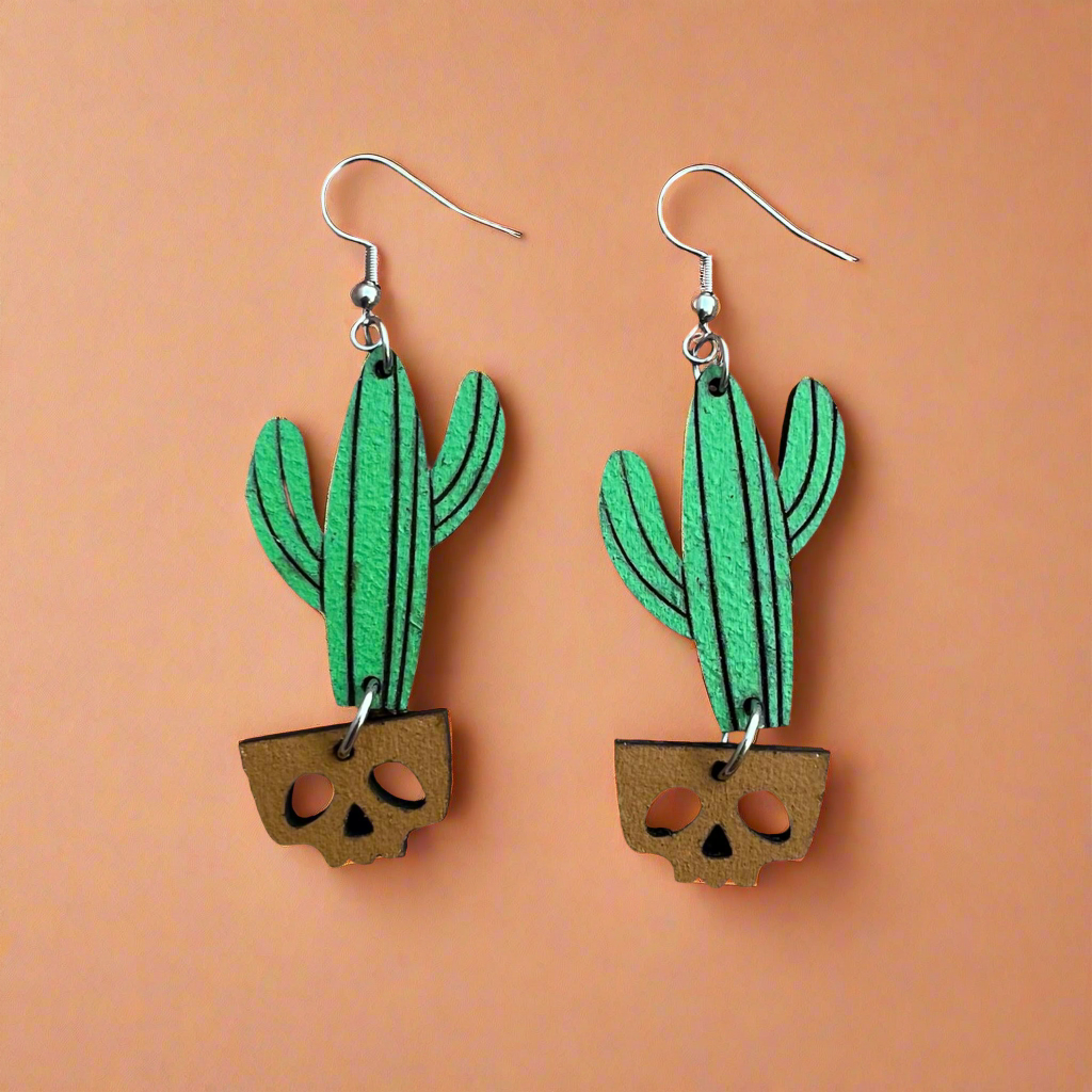 Cactus Skull Flower Pot Earrings