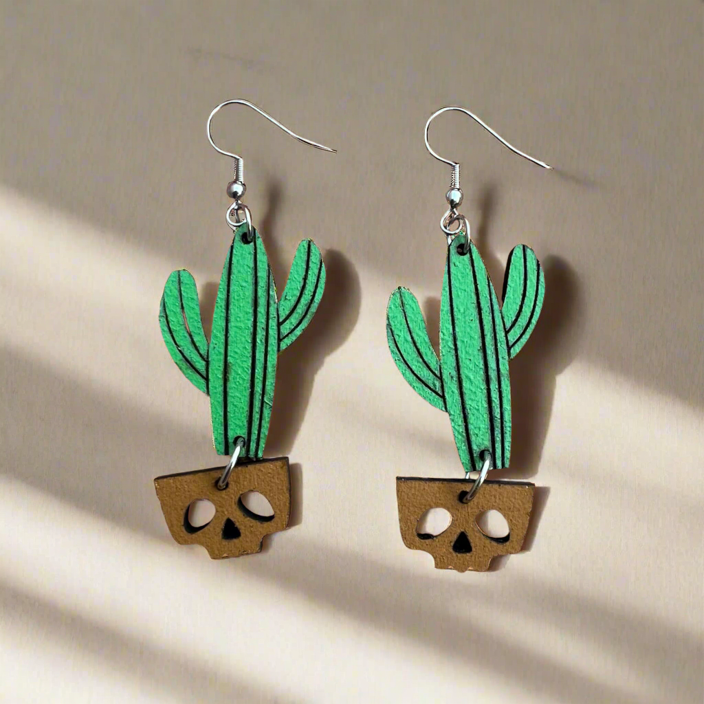 Cactus Skull Flower Pot Earrings